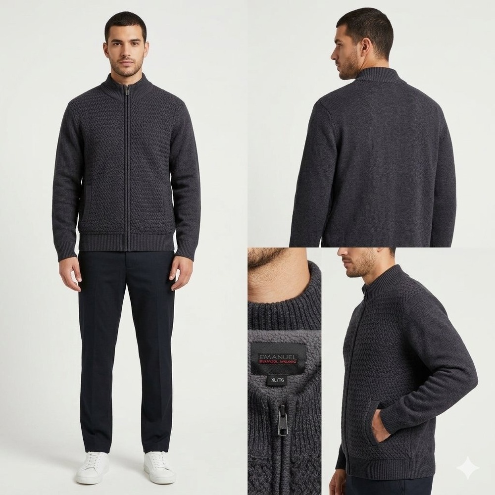 Emanuel Ungaro Men XL Sherpa Lined Chevron Knit Bomber Flight Jacket Gray Cotton